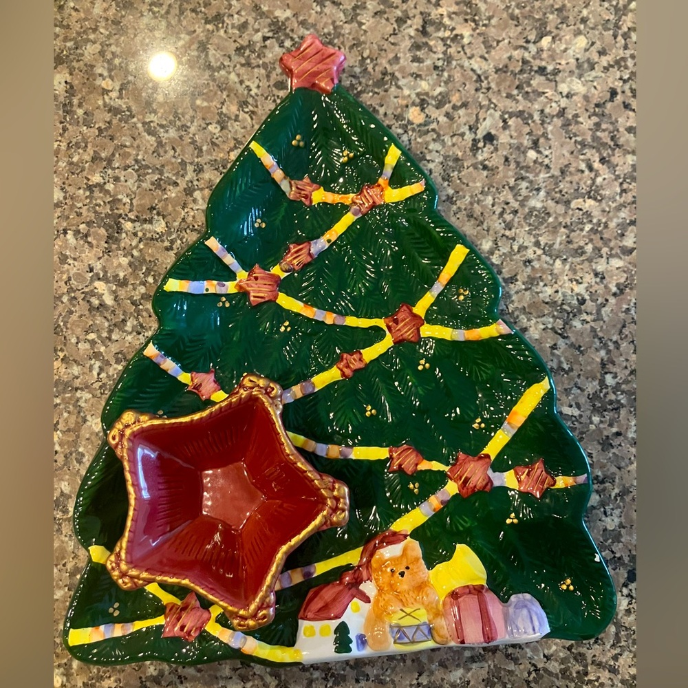 Festive Christmas Tree Ceramic Serving Platter with Attached Red Star Bowl, EUC